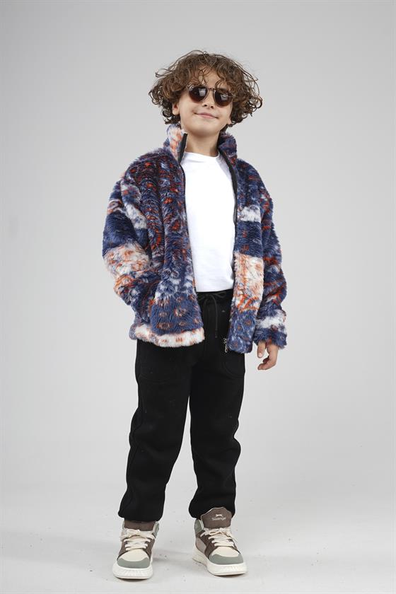 Kingbrich Kids Dik Yaka Fermuarlı Desenli Çocuk Polar