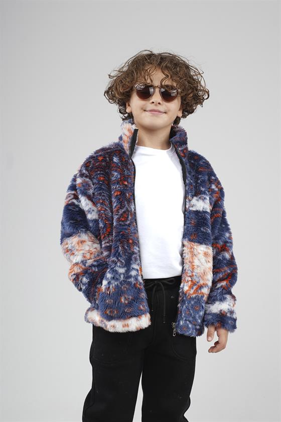 Kingbrich Kids Dik Yaka Fermuarlı Desenli Çocuk Polar