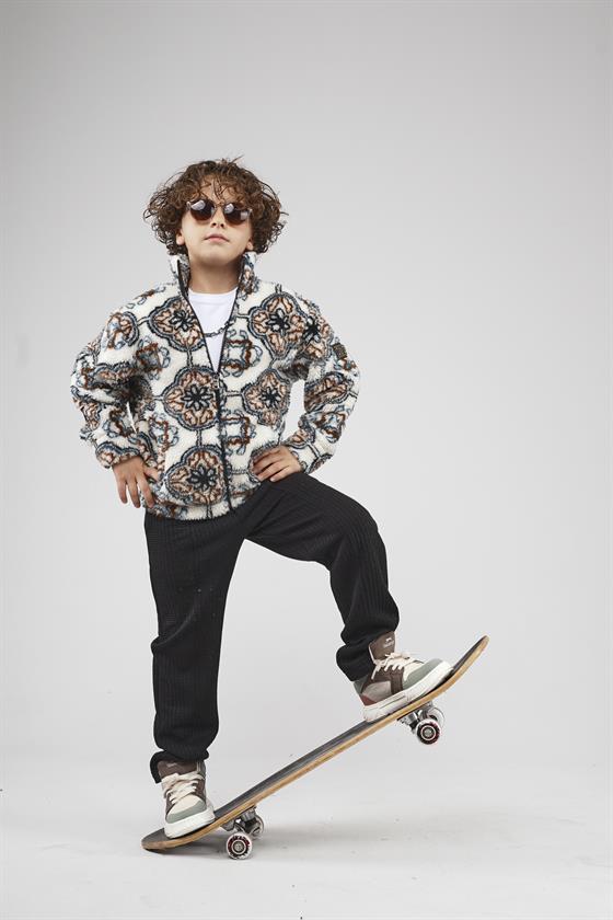 Kingbrich Kids Dik Yaka Fermuarlı Desenli Çocuk Polar