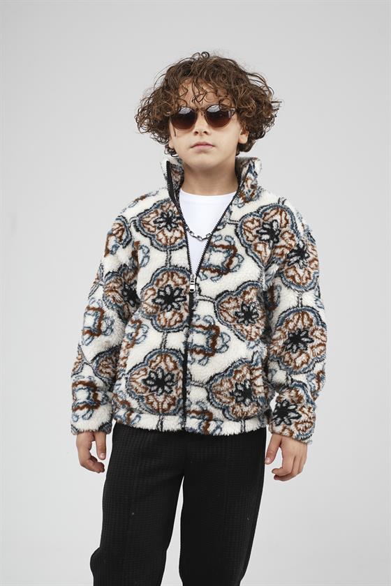 Kingbrich Kids Dik Yaka Fermuarlı Desenli Çocuk Polar