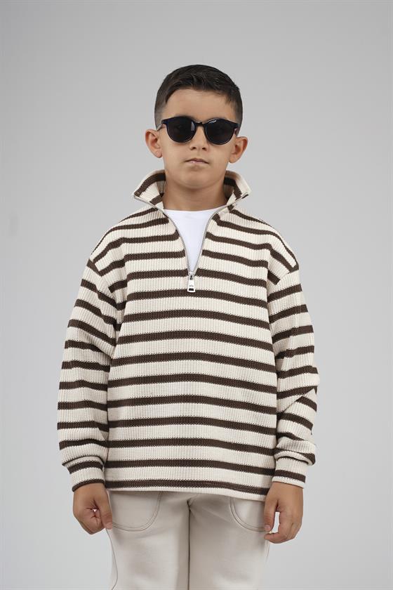 Kingbrich Kids Oversize Kalıp Çizgili Yakası Fermuarlı Sweatshirt