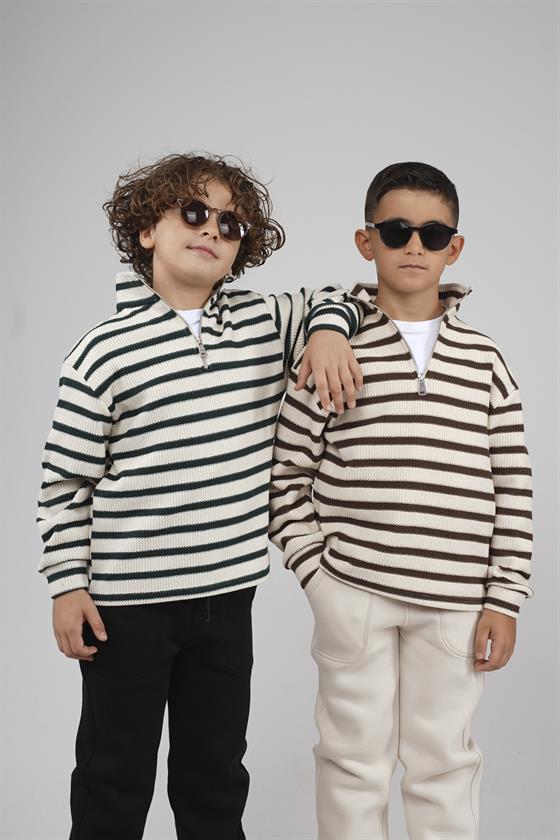 Kingbrich Kids Oversize Kalıp Çizgili Yakası Fermuarlı Sweatshirt