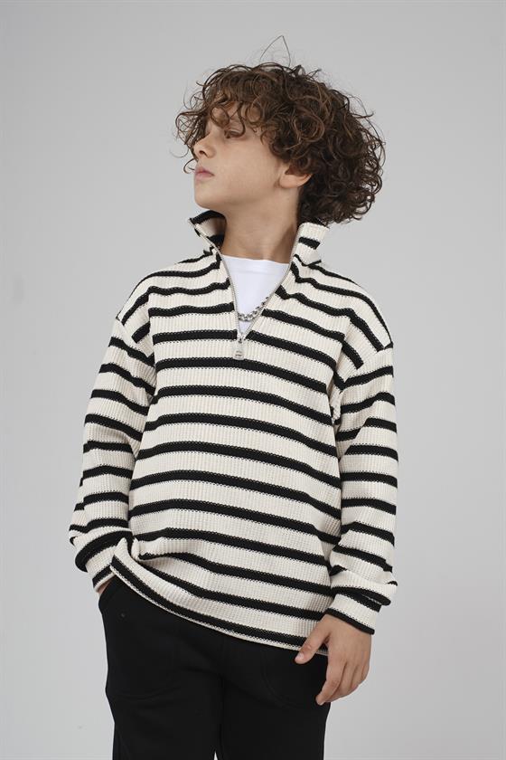 Kingbrich Kids Oversize Kalıp Çizgili Yakası Fermuarlı Sweatshirt