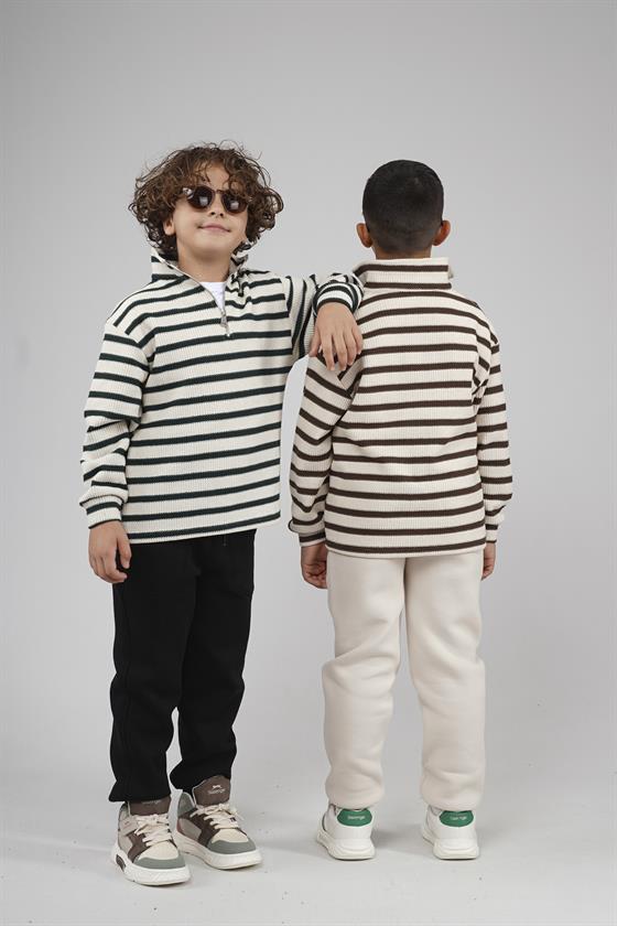 Kingbrich Kids Oversize Kalıp Çizgili Yakası Fermuarlı Sweatshirt