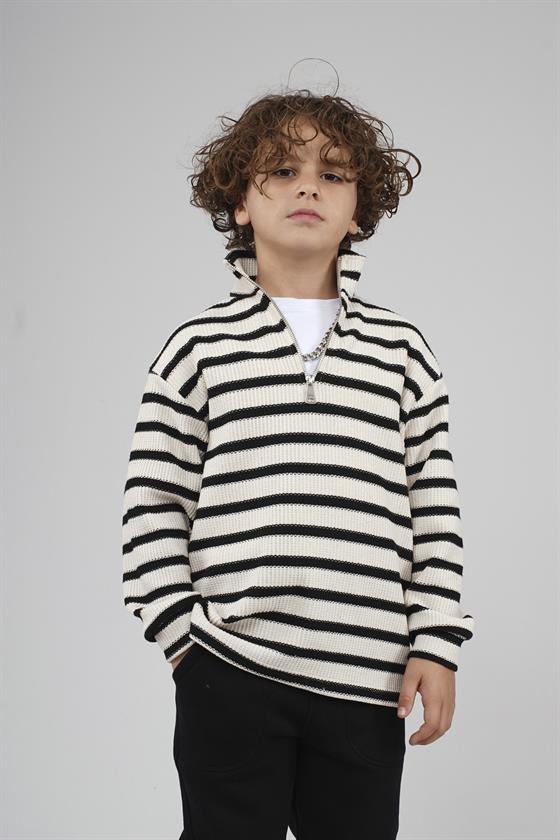 Kingbrich Kids Oversize Kalıp Çizgili Yakası Fermuarlı Sweatshirt