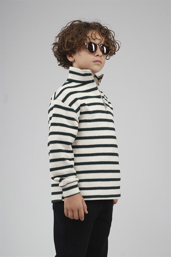Kingbrich Kids Oversize Kalıp Çizgili Yakası Fermuarlı Sweatshirt