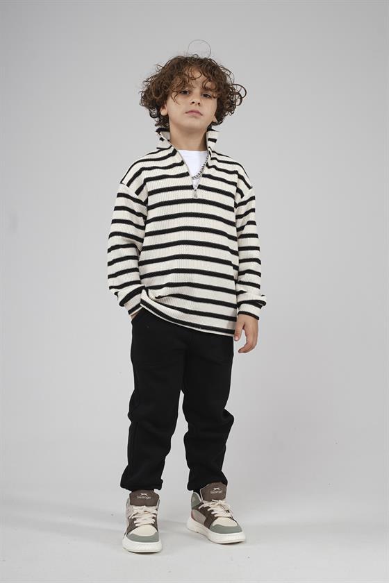 Kingbrich Kids Oversize Kalıp Çizgili Yakası Fermuarlı Sweatshirt