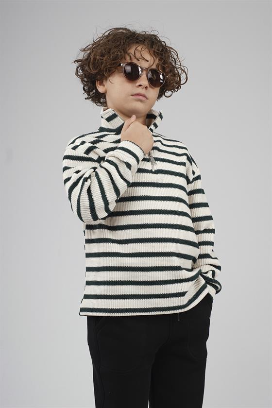 Kingbrich Kids Oversize Kalıp Çizgili Yakası Fermuarlı Sweatshirt