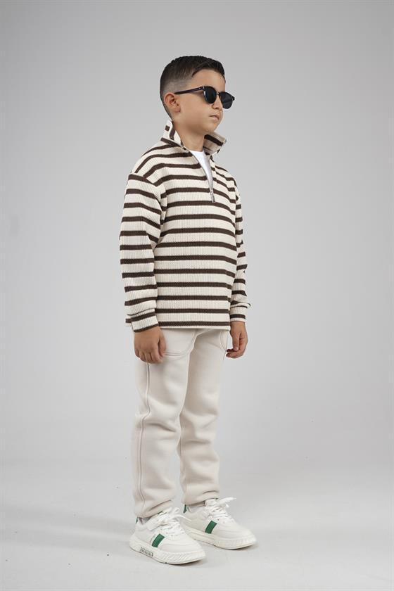 Kingbrich Kids Oversize Kalıp Çizgili Yakası Fermuarlı Sweatshirt