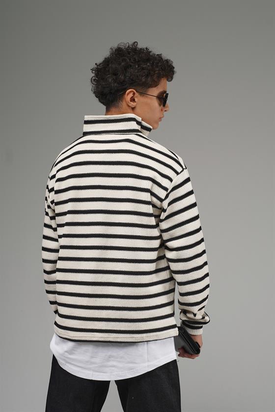 Kingbrich Kids Oversize Kalıp Çizgili Yakası Fermuarlı Sweatshirt