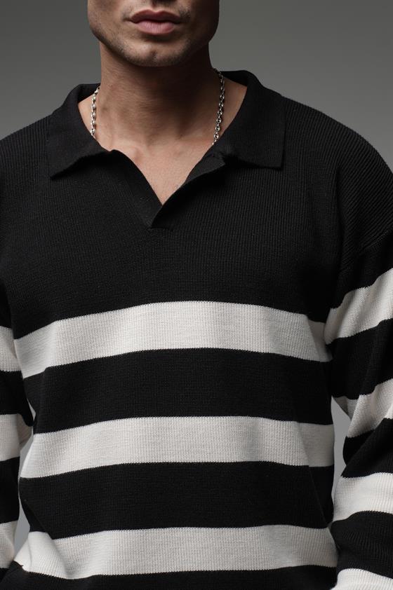 Kingbrich Polo Yaka Çizgili Oversize Kalıp Erkek Kazak
