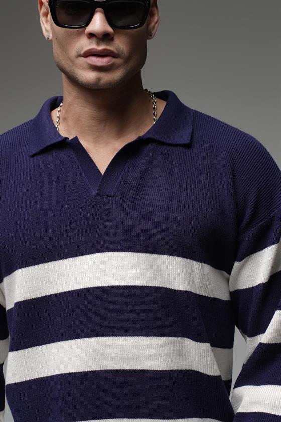 Kingbrich Polo Yaka Çizgili Oversize Kalıp Erkek Kazak