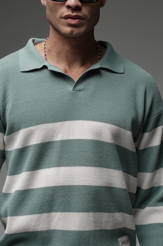 Kingbrich Polo Yaka Çizgili Oversize Kalıp Erkek Kazak