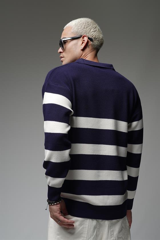 Kingbrich Polo Yaka Çizgili Oversize Kalıp Erkek Kazak