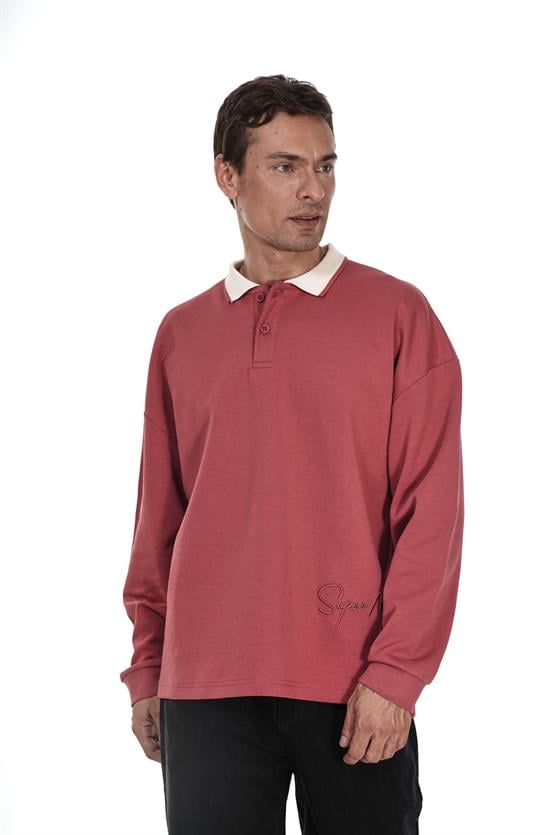 Kingbrich Polo Yaka Nakış Detaylı Oversize Kalıp Erkek Sweatshirt