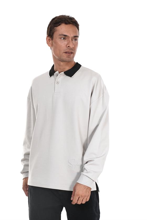 Kingbrich Polo Yaka Nakış Detaylı Oversize Kalıp Erkek Sweatshirt