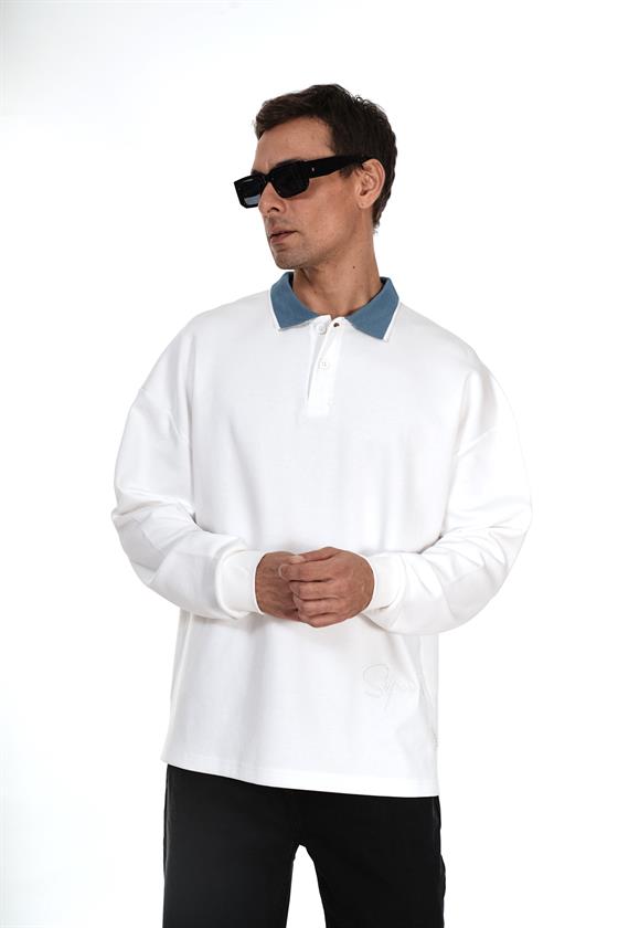 Kingbrich Polo Yaka Nakış Detaylı Oversize Kalıp Erkek Sweatshirt
