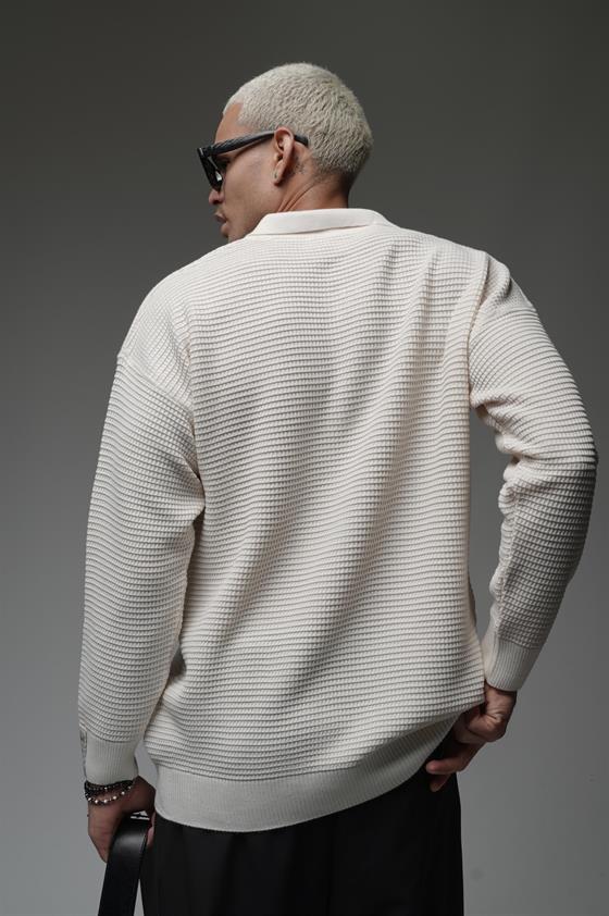 Polo Yaka Yarım Fermuarlı Oversize Kalıp Triko Kazak