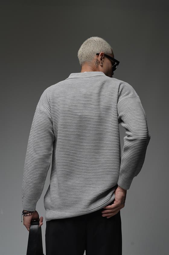 Polo Yaka Yarım Fermuarlı Oversize Kalıp Triko Kazak