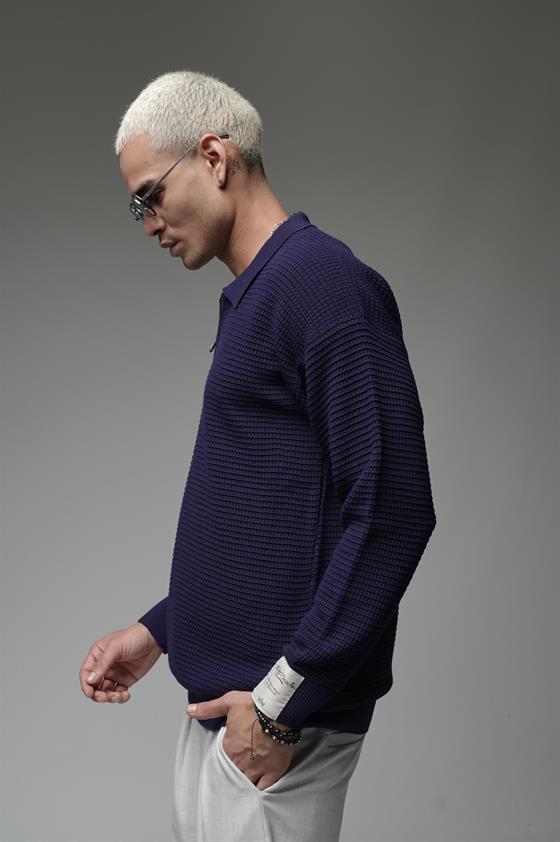 Polo Yaka Yarım Fermuarlı Oversize Kalıp Triko Kazak