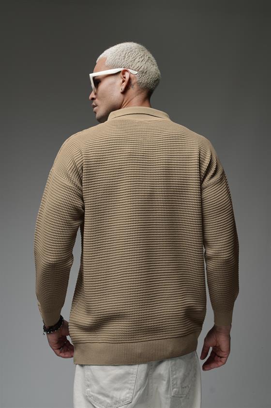Polo Yaka Yarım Fermuarlı Oversize Kalıp Triko Kazak