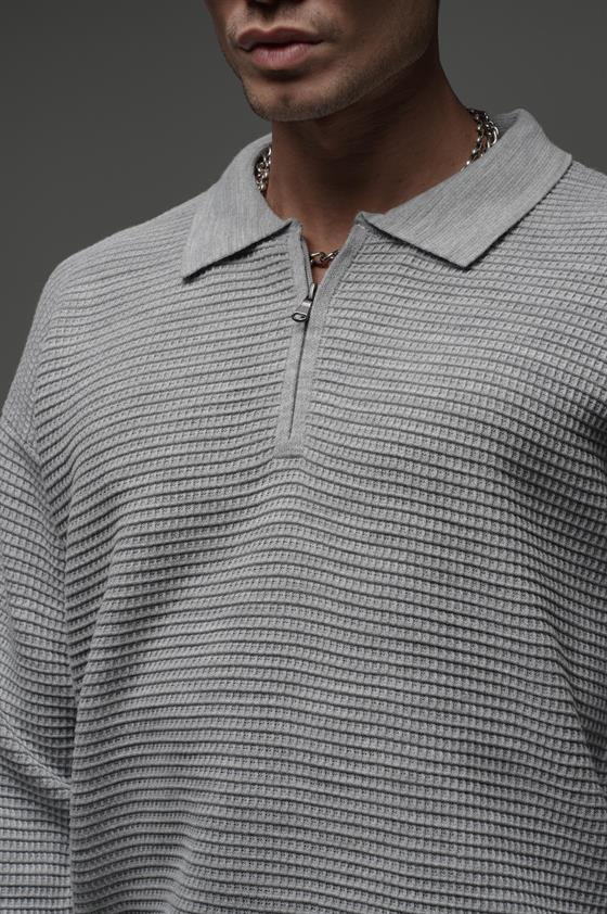 Polo Yaka Yarım Fermuarlı Oversize Kalıp Triko Kazak
