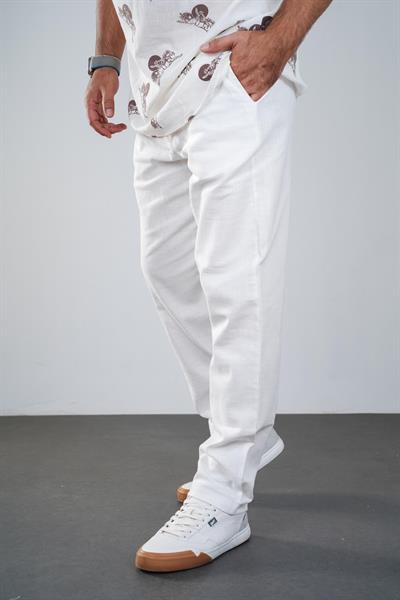 Beli Lastikli Kordonlu Erkek Slim Fit Kalıp Keten Pantolon