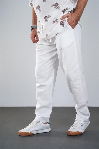 Beli Lastikli Kordonlu Erkek Slim Fit Kalıp Keten Pantolon