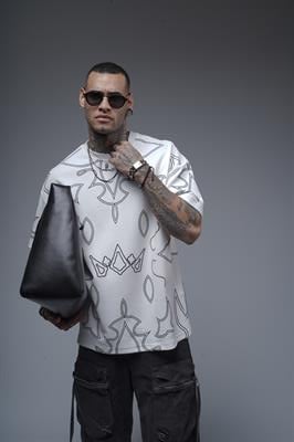 Bisiklet Yaka Desenli Oversize Kalıp Unisex Tişört