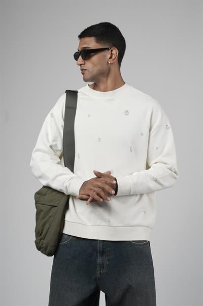 Bisiklet Yaka Lazerli Oversize Kalıp Erkek Sweatshirt