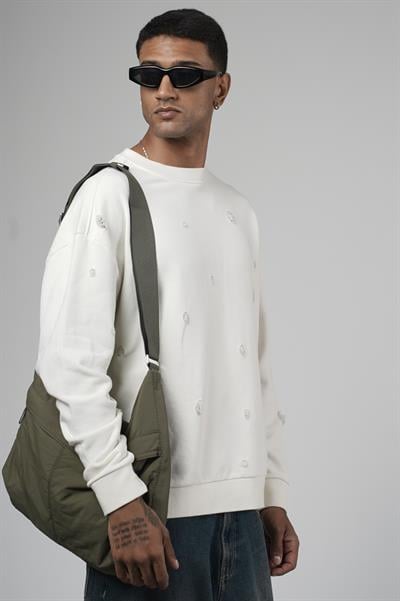 Bisiklet Yaka Lazerli Oversize Kalıp Erkek Sweatshirt