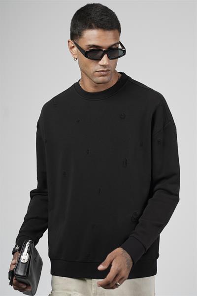 Bisiklet Yaka Lazerli Oversize Kalıp Erkek Sweatshirt