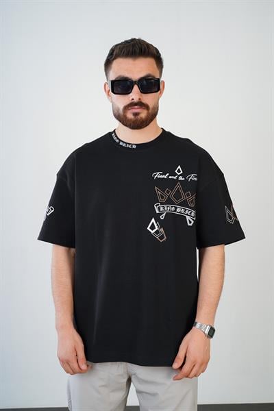 Bisiklet Yaka Logo Baskılı Nakışlı Double Face Oversize Kesim Erkek Tişört