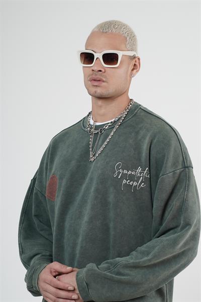 Bisiklet Yaka Ön ve Arka Basılı Yıkamalı Oversize Kalıp Unisex Sweatshirt