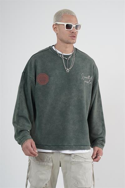 Bisiklet Yaka Ön ve Arka Basılı Yıkamalı Oversize Kalıp Unisex Sweatshirt