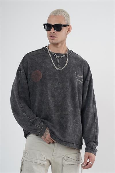 Bisiklet Yaka Ön ve Arka Basılı Yıkamalı Oversize Kalıp Unisex Sweatshirt