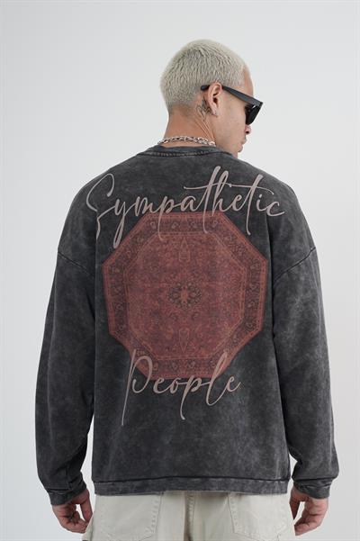 Bisiklet Yaka Ön ve Arka Basılı Yıkamalı Oversize Kalıp Unisex Sweatshirt