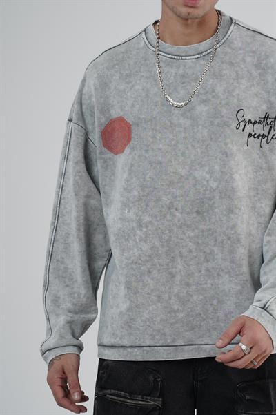 Bisiklet Yaka Ön ve Arka Basılı Yıkamalı Oversize Kalıp Unisex Sweatshirt
