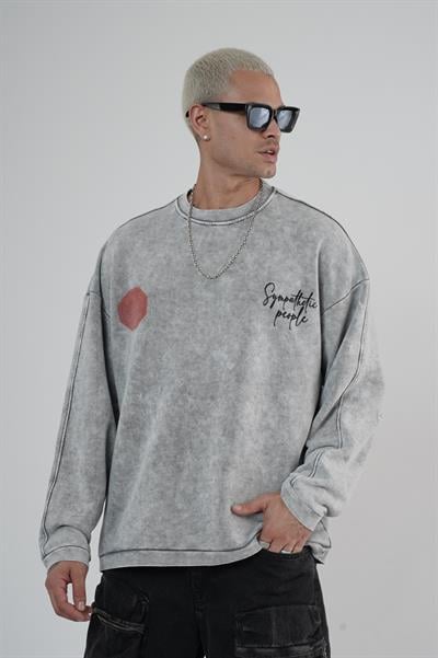 Bisiklet Yaka Ön ve Arka Basılı Yıkamalı Oversize Kalıp Unisex Sweatshirt
