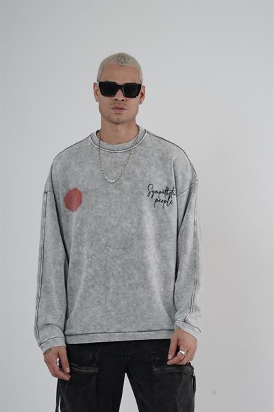 Bisiklet Yaka Ön ve Arka Basılı Yıkamalı Oversize Kalıp Unisex Sweatshirt