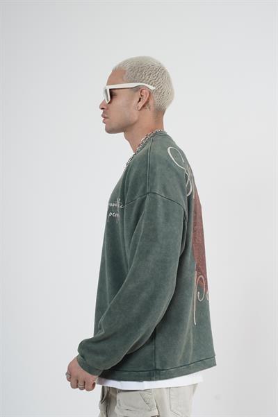 Bisiklet Yaka Ön ve Arka Basılı Yıkamalı Oversize Kalıp Unisex Sweatshirt