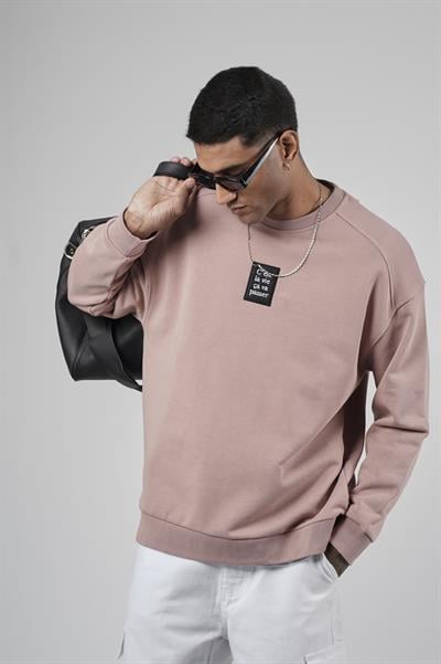 Bisiklet Yaka Önü Etiket Detaylı Oversize Basic Erkek Sweatshirt