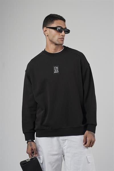 Bisiklet Yaka Önü Etiket Detaylı Oversize Basic Erkek Sweatshirt