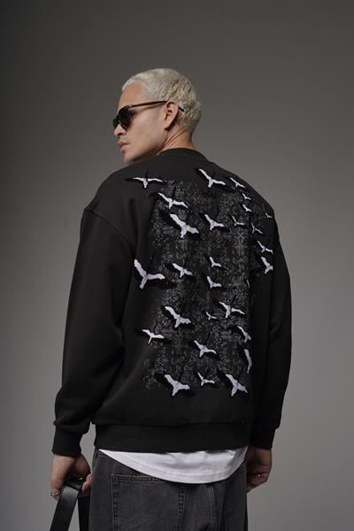 Bisiklet Yaka Sırtı Leylek Baskılı Nakışlı Oversize Kalıp Sweatshirt