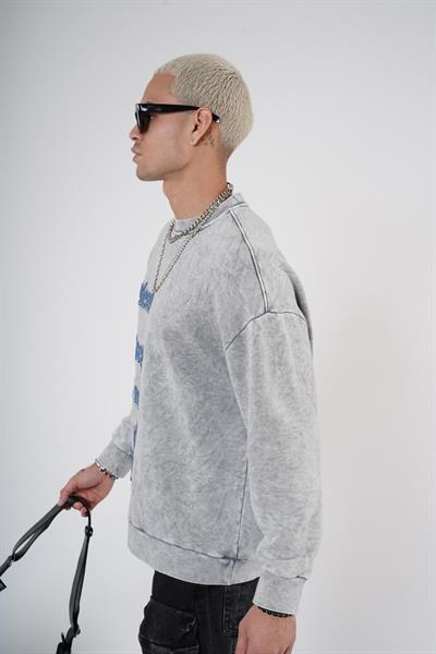 Bisiklet Yaka Yazı Nakışlı Yıkamalı Oversize Kalıp Unisex Sweatshirt
