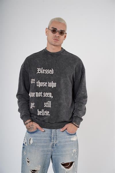 Bisiklet Yaka Yazı Nakışlı Yıkamalı Oversize Kalıp Unisex Sweatshirt