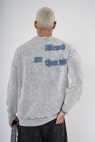 Bisiklet Yaka Yazı Nakışlı Yıkamalı Oversize Kalıp Unisex Sweatshirt