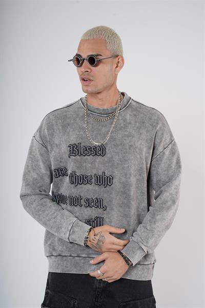 Bisiklet Yaka Yazı Nakışlı Yıkamalı Oversize Kalıp Unisex Sweatshirt