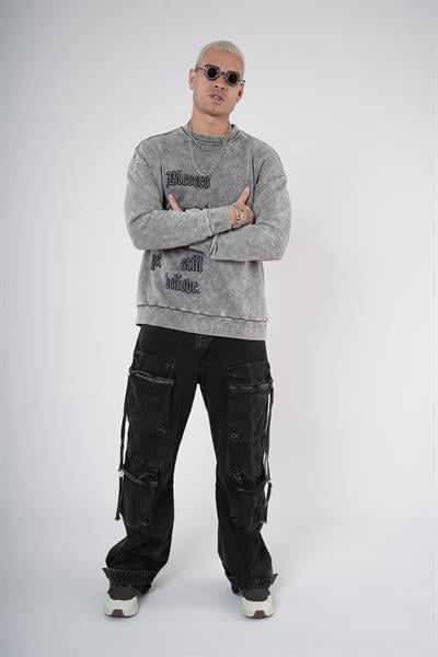 Bisiklet Yaka Yazı Nakışlı Yıkamalı Oversize Kalıp Unisex Sweatshirt