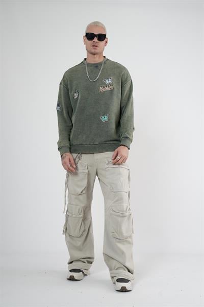 Bisiklet Yaka Yıkamalı Aplikeli Oversize Kalıp Sweatshirt